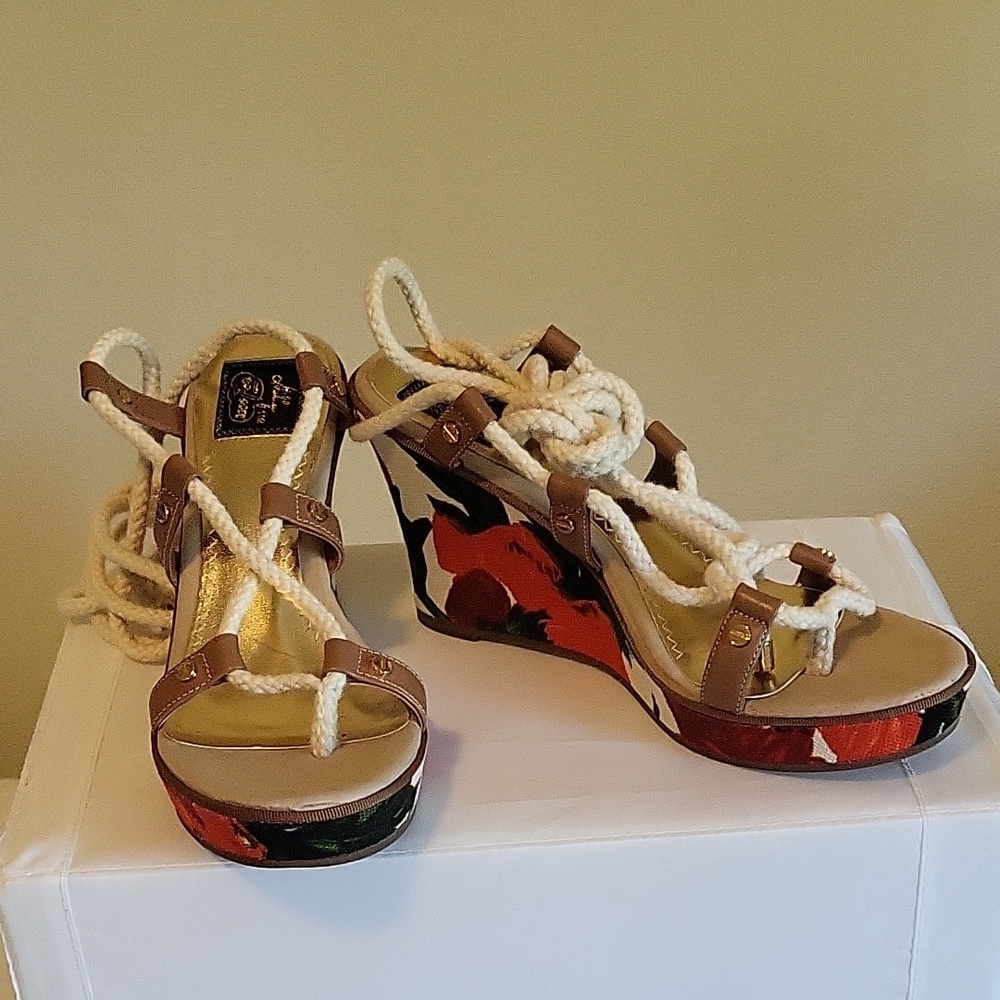 Sperry Brown Floral Rope Wedges Size 8